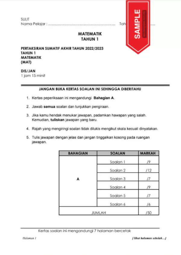 Soalan Ujian Sumatif Matematik Tahun 1 2023