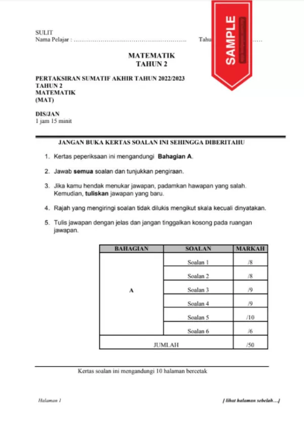 Soalan Ujian Sumatif Akhir Matematik Tahun 2 2023