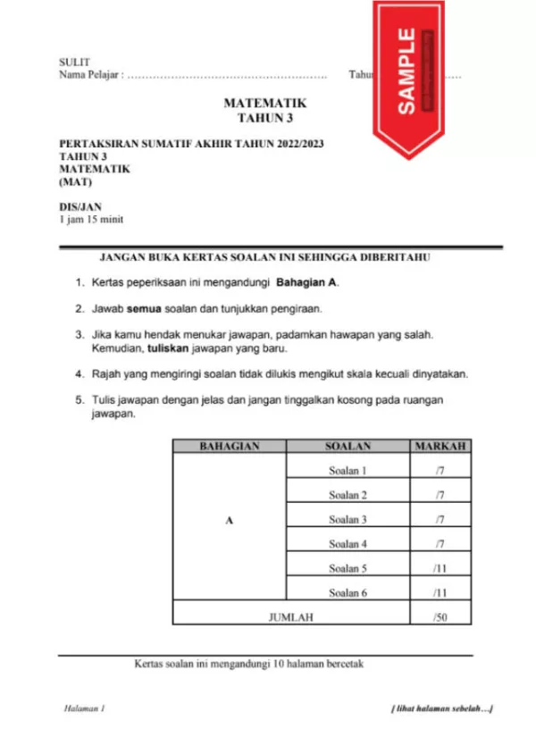 Soalan Ujian Sumatif Akhir Matematik Tahun 3 2023