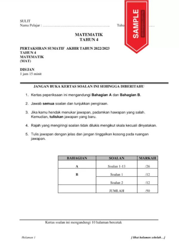 Soalan Ujian Akhir Tahun Matematik Tahun 4 2023 UASA