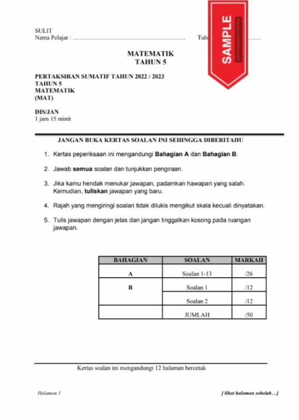 Soalan Ujian Akhir Tahun Matematik Tahun 5 2023 UASA