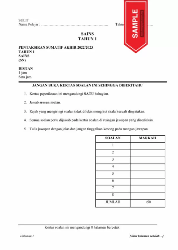 Ujian Akhir Tahun Sains Tahun 1 2023 Sumatif