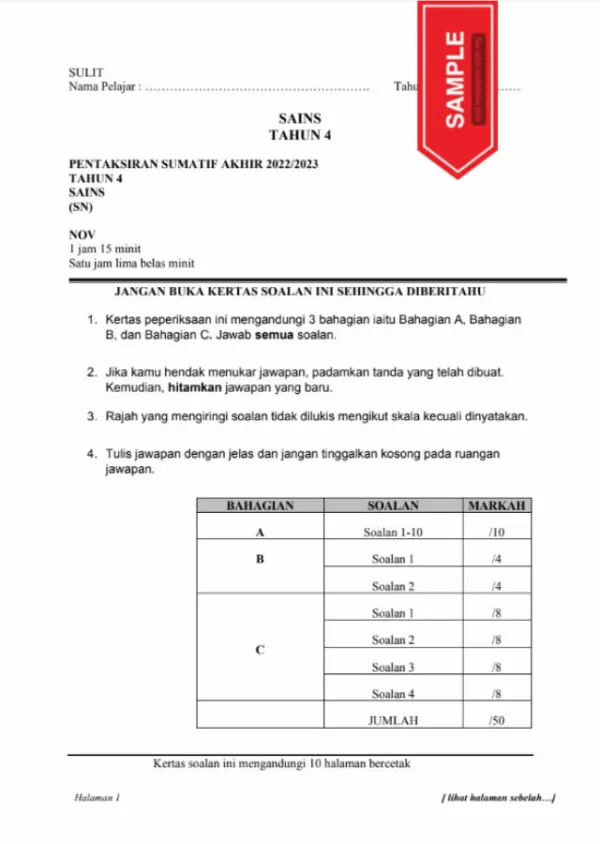 Ujian Akhir Tahun Sains Tahun 4 2023 UASA