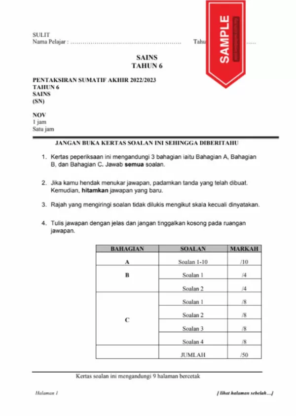 Ujian Akhir Tahun Sains Tahun 6 2023 UASA