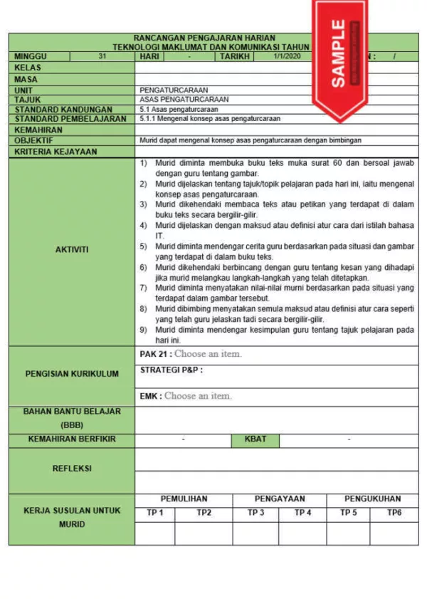 RPH dan RPT PPKI Teknologi Maklumat dan Komunikasi Tahun 5 TS25