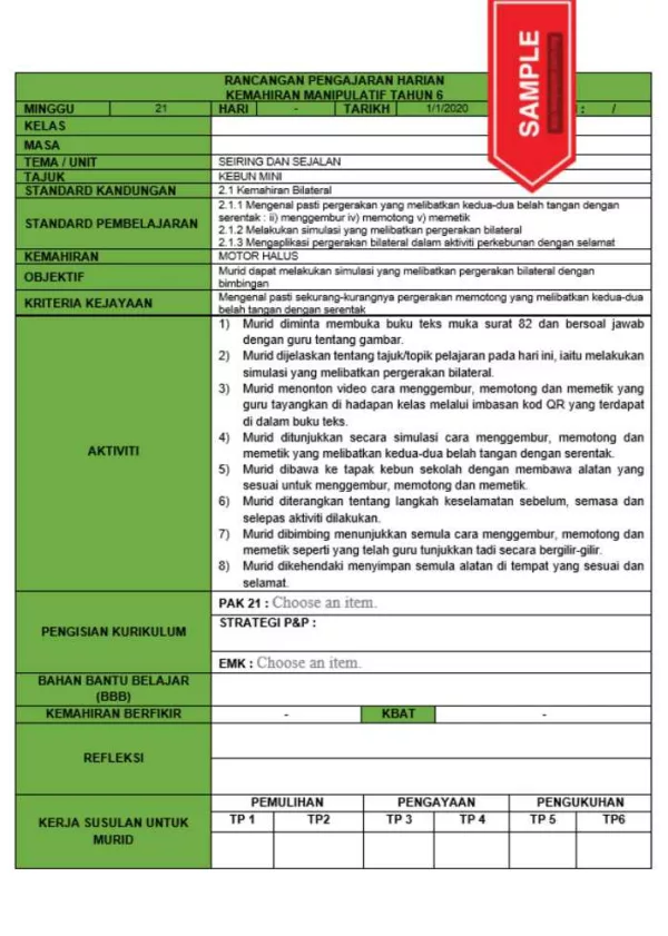 RPH dan RPT PPKI Kemahiran Manipulatif Tahun 6 TS25