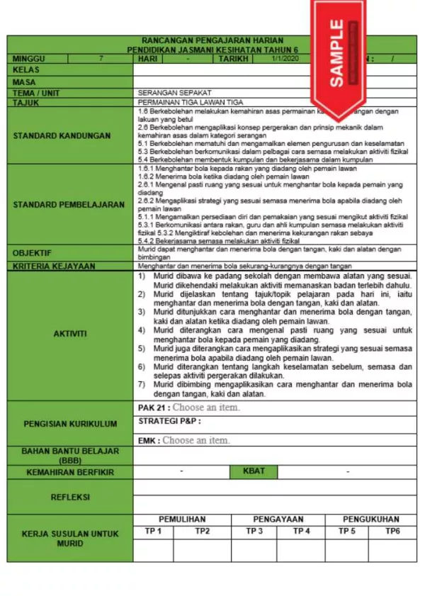 RPH dan RPT PPKI Pendidikan Jasmani Kesihatan Tahun 6 TS25