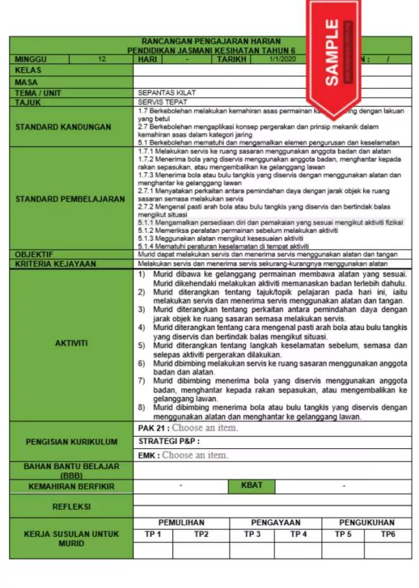 RPH dan RPT PPKI Pendidikan Jasmani Kesihatan Tahun 6 TS25