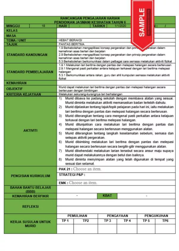 RPH dan RPT PPKI Pendidikan Jasmani Kesihatan Tahun 6 TS25