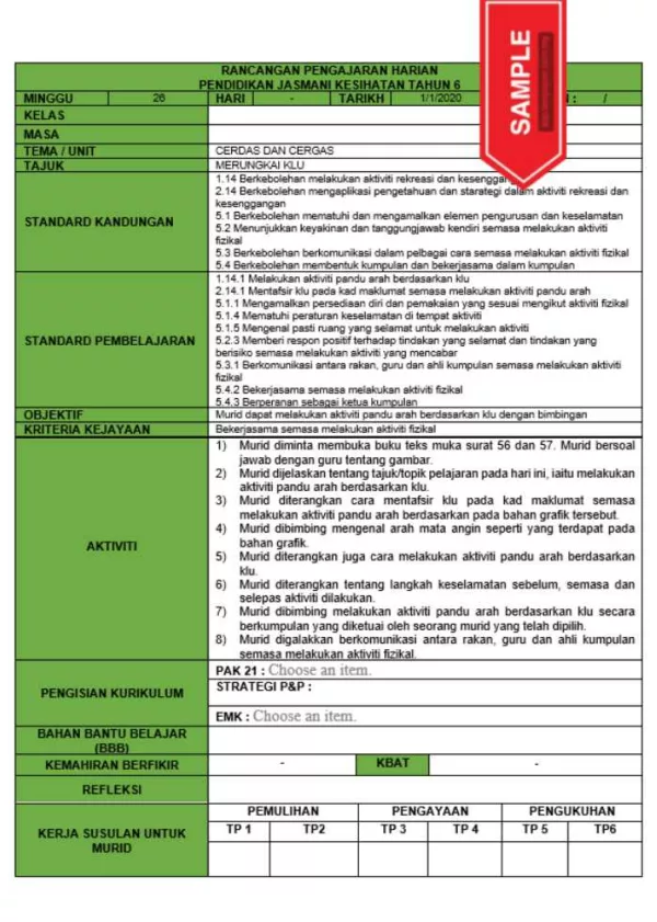 RPH dan RPT PPKI Pendidikan Jasmani Kesihatan Tahun 6 TS25