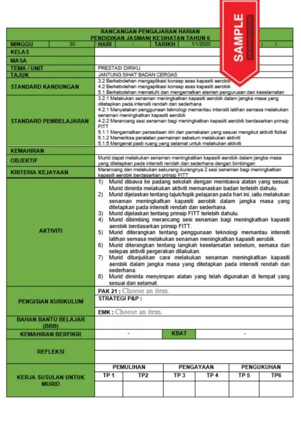 RPH dan RPT PPKI Pendidikan Jasmani Kesihatan Tahun 6 TS25