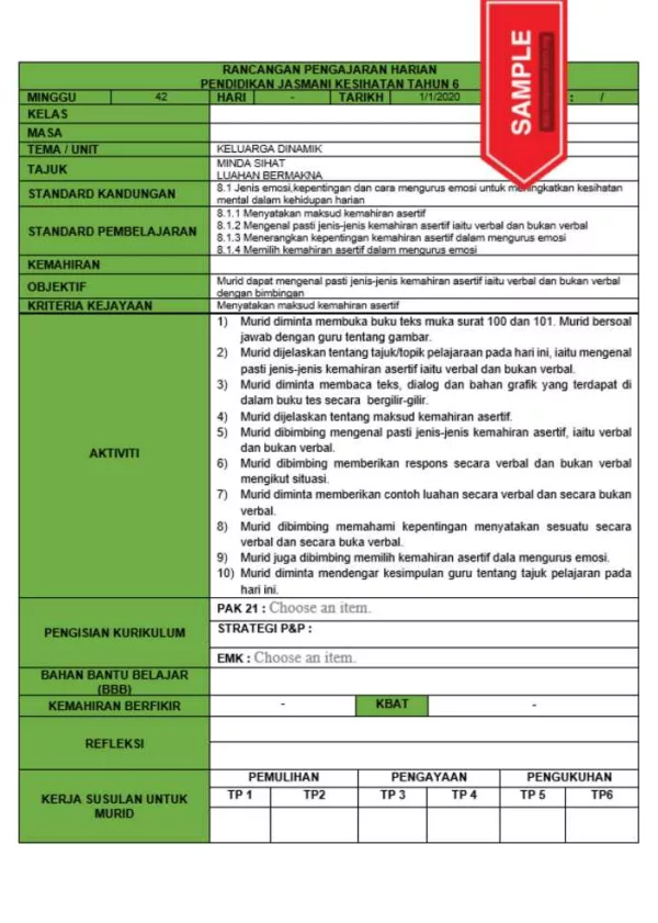 RPH dan RPT PPKI Pendidikan Jasmani Kesihatan Tahun 6 TS25