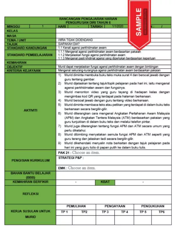 RPH dan RPT PPKI Pengurusan Diri Tahun 6 TS25