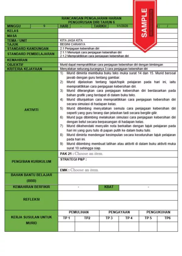 RPH dan RPT PPKI Pengurusan Diri Tahun 6 TS25