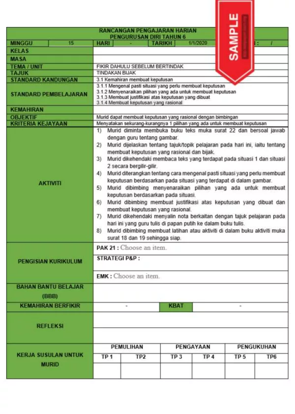 RPH dan RPT PPKI Pengurusan Diri Tahun 6 TS25