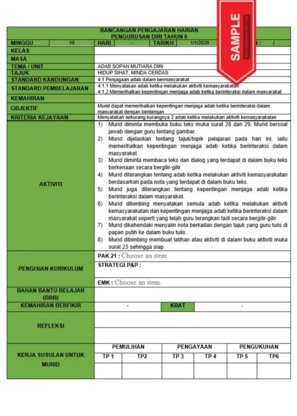 RPH dan RPT PPKI Pengurusan Diri Tahun 6 TS25