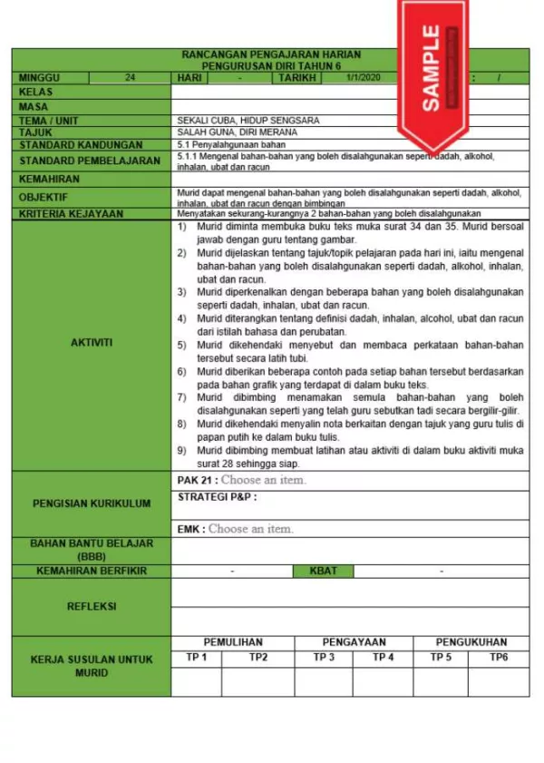 RPH dan RPT PPKI Pengurusan Diri Tahun 6 TS25