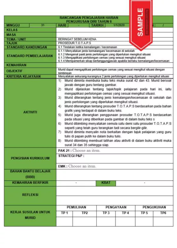 RPH dan RPT PPKI Pengurusan Diri Tahun 6 TS25