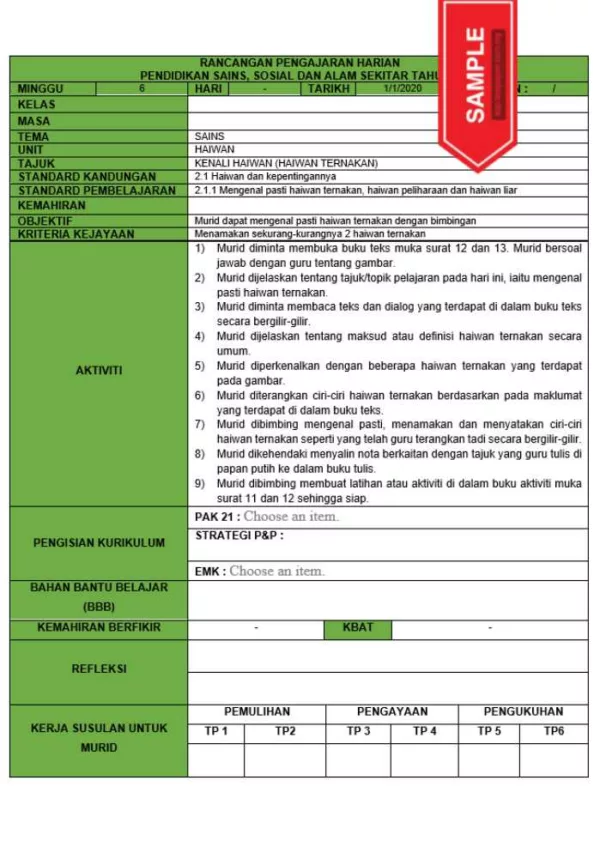 RPH dan RPT PPKI Pendidikan Sains Sosial dan Alam Sekitar Tahun 6 TS25