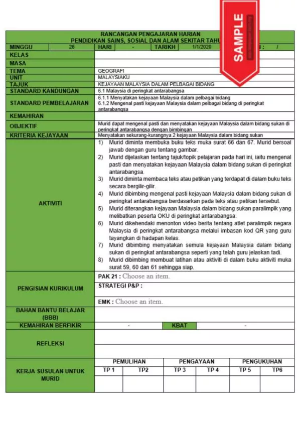 RPH dan RPT PPKI Pendidikan Sains Sosial dan Alam Sekitar Tahun 6 TS25