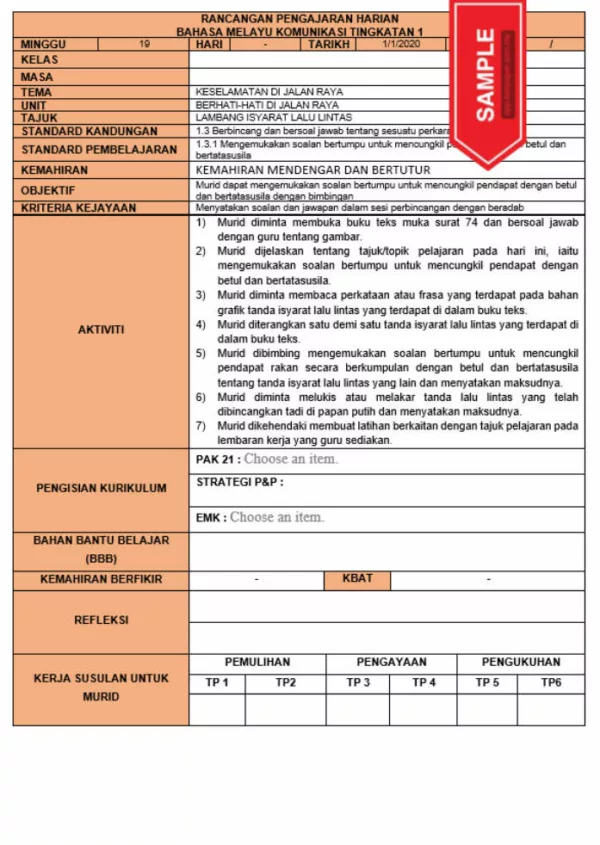 RPH dan RPT PPKI Bahasa Melayu Komunikasi Tingkatan 1