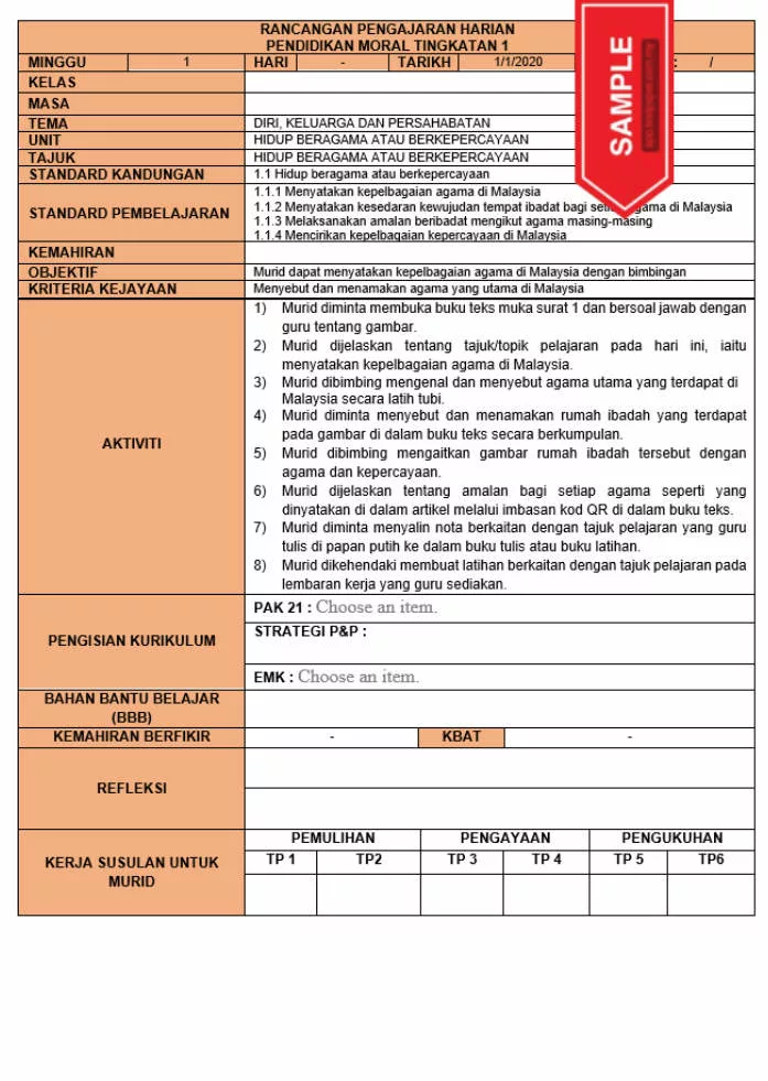 RPH dan RPT PPKI Pendidikan Moral Tingkatan 1