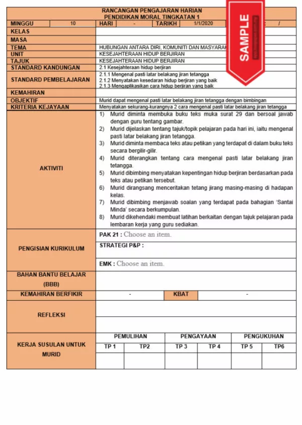 RPH dan RPT PPKI Pendidikan Moral Tingkatan 1