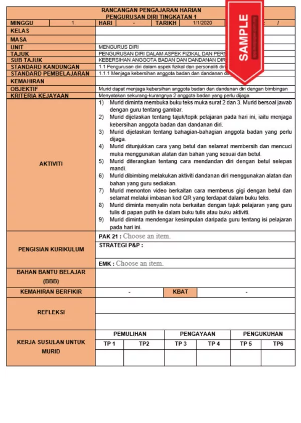 RPH dan RPT PPKI Pengurusan Diri Tingkatan 1