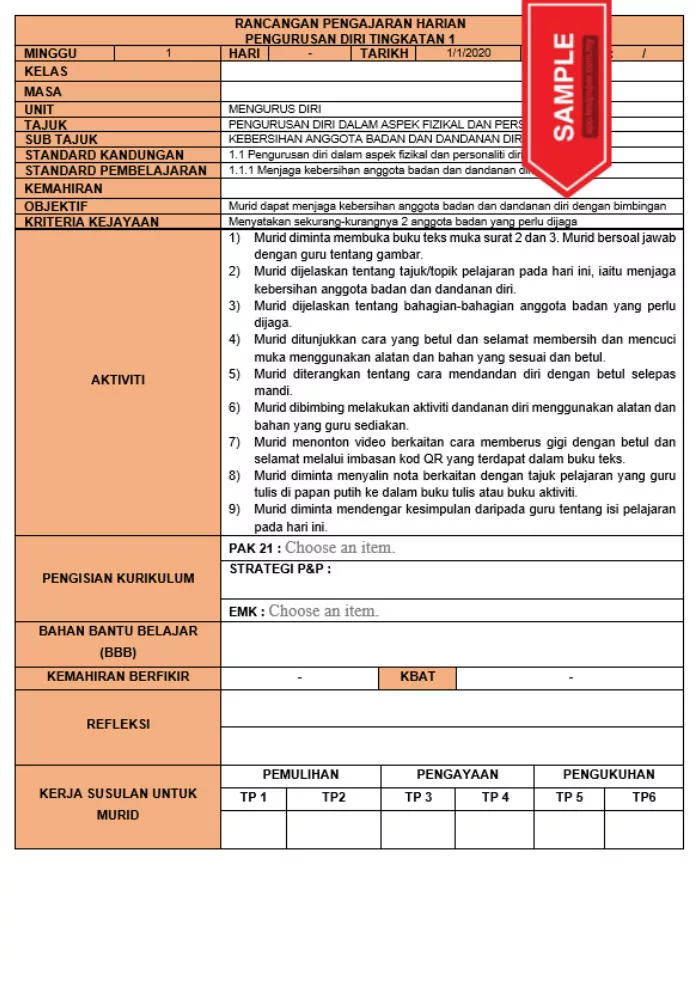 RPH dan RPT PPKI Pengurusan Diri Tingkatan 1