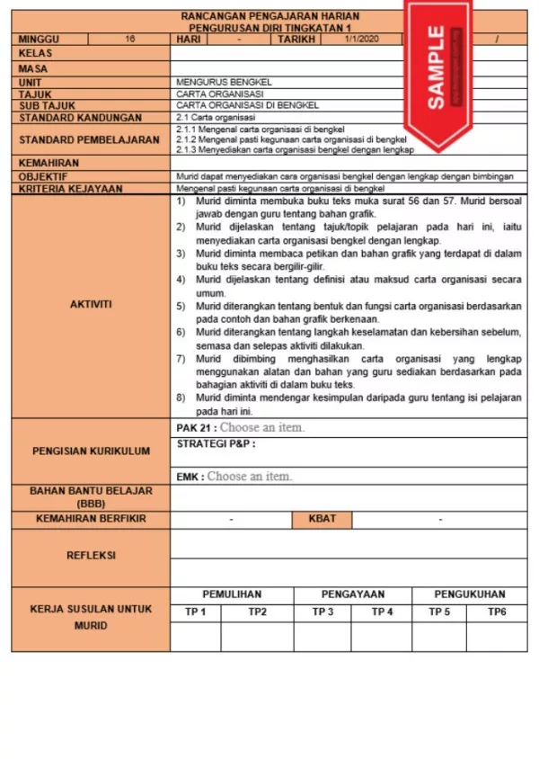 RPH dan RPT PPKI Pengurusan Diri Tingkatan 1