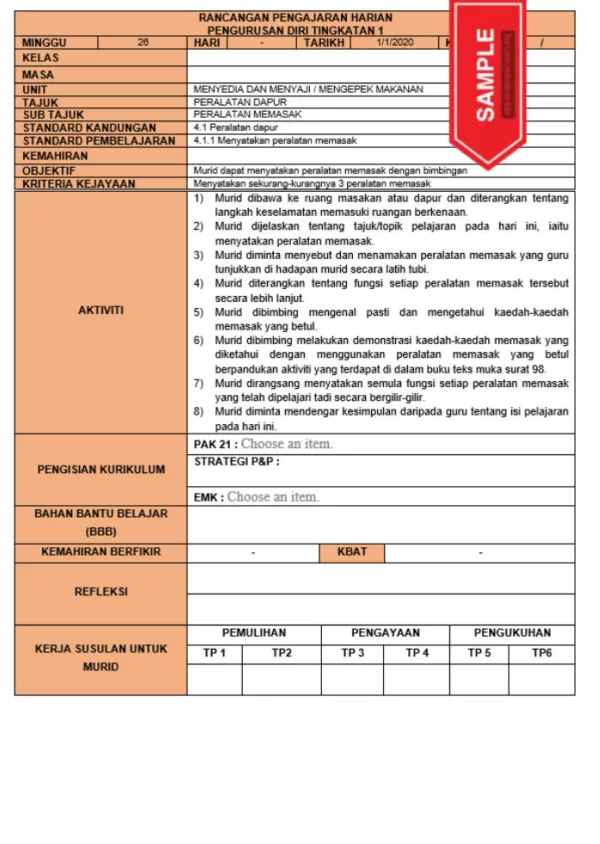 RPH dan RPT PPKI Pengurusan Diri Tingkatan 1