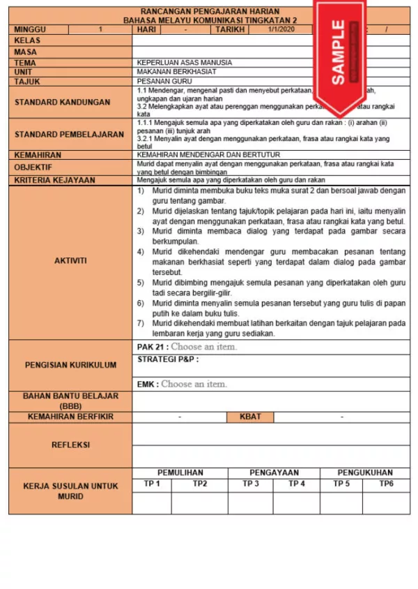 RPH dan RPT PPKI Bahasa Melayu Komunikasi Tingkatan 2