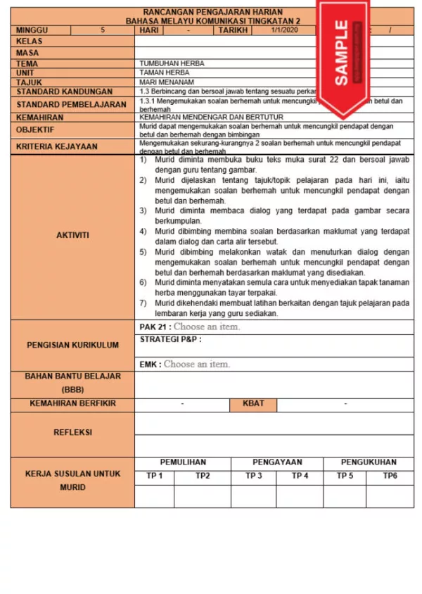 RPH dan RPT PPKI Bahasa Melayu Komunikasi Tingkatan 2