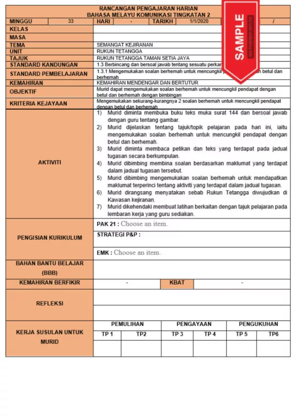 RPH dan RPT PPKI Bahasa Melayu Komunikasi Tingkatan 2