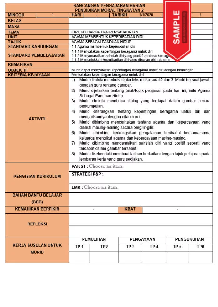 RPH dan RPT PPKI Pendidikan Moral Tingkatan 2