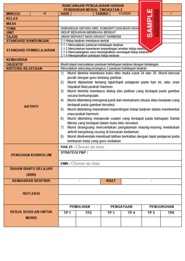 RPH dan RPT PPKI Pendidikan Moral Tingkatan 2