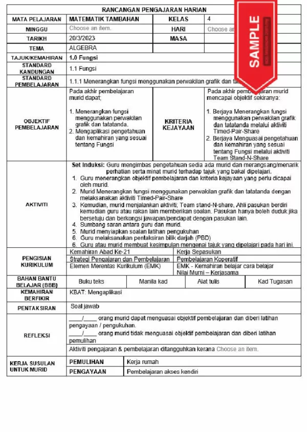 RPH Matematik Tambahan Tingkatan 5 KSSM