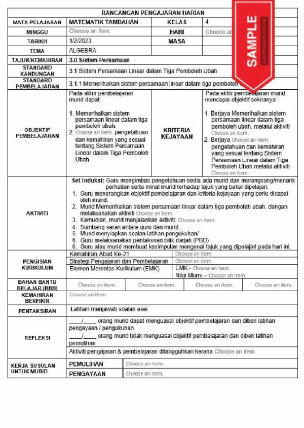 RPH Matematik Tambahan Tingkatan 5 KSSM