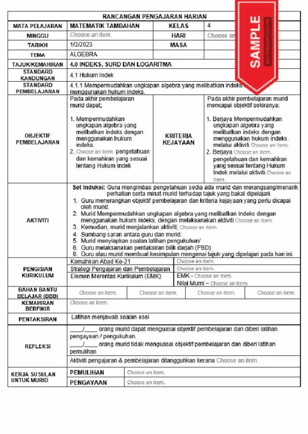 RPH Matematik Tambahan Tingkatan 5 KSSM