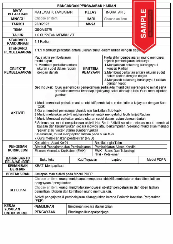 RPH Matematik Tambahan Tingkatan 4 KSSM