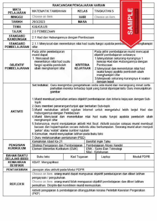 RPH Matematik Tambahan Tingkatan 4 KSSM