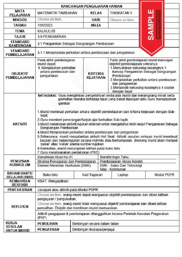 RPH Matematik Tambahan Tingkatan 4 KSSM