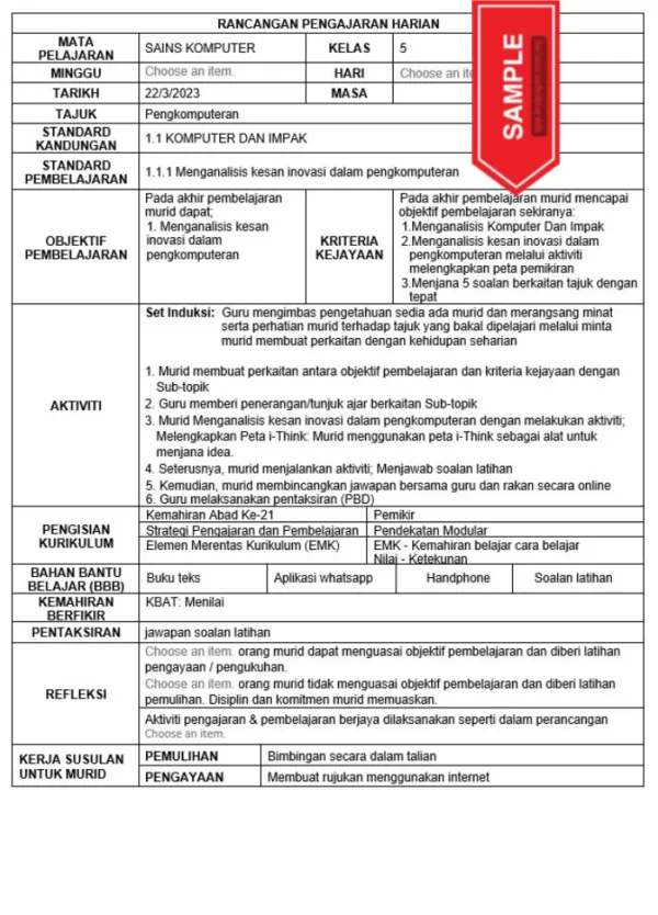 RPH Sains Komputer Tingkatan 5 KSSM