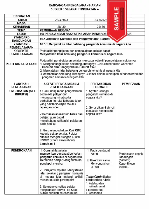 RPH Sejarah Tingkatan 4 MRSM