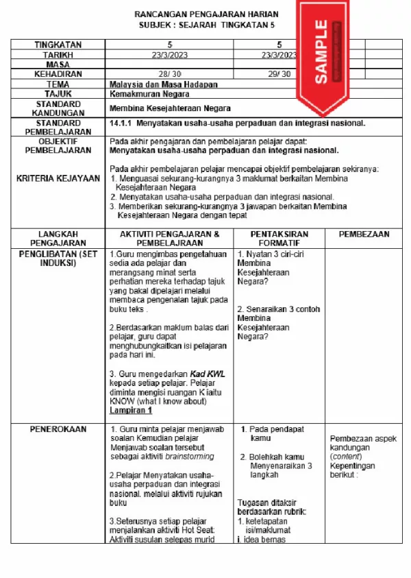 RPH Sejarah Tingkatan 5 MRSM