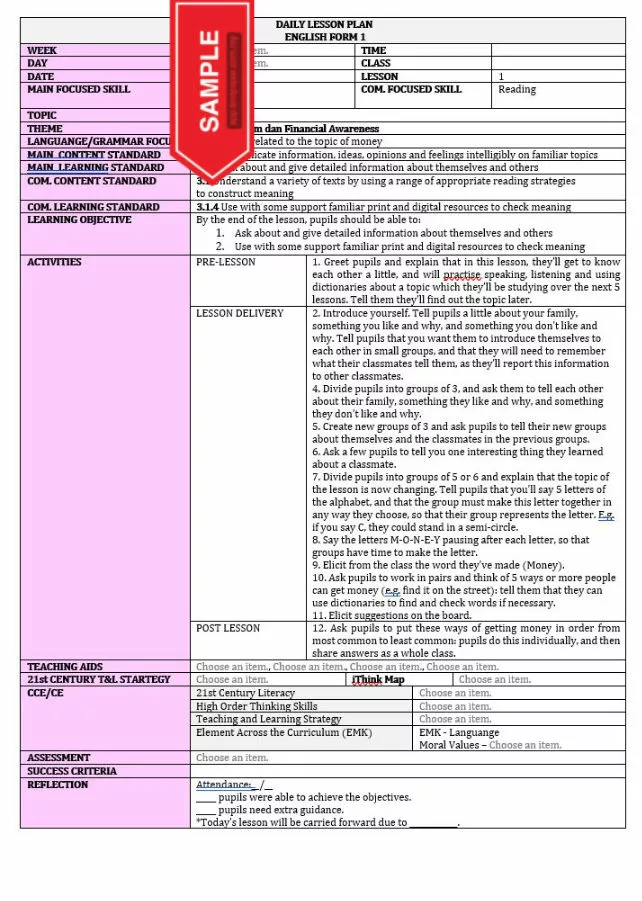 RPT dan RPH Bahasa Inggeris Tingkatan 1