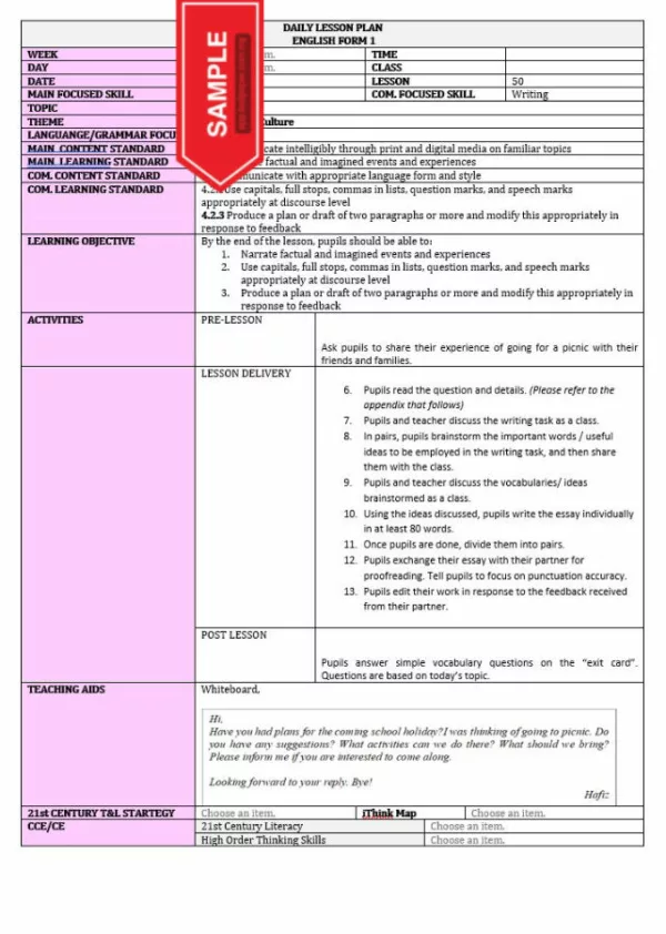 RPT dan RPH Bahasa Inggeris Tingkatan 1