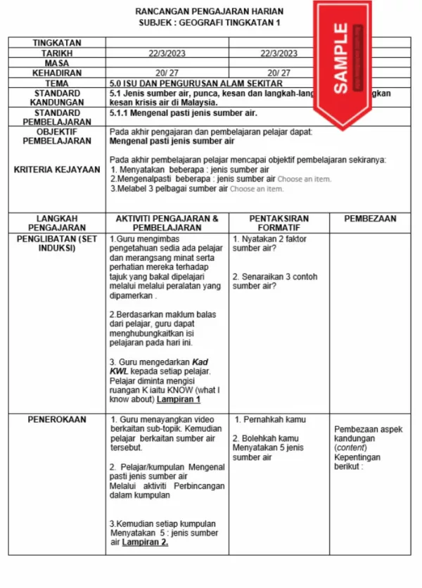 RPH Geografi Tingkatan 1 MRSM