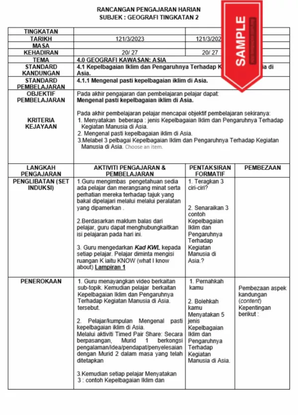 RPH Geografi Tingkatan 2 MRSM