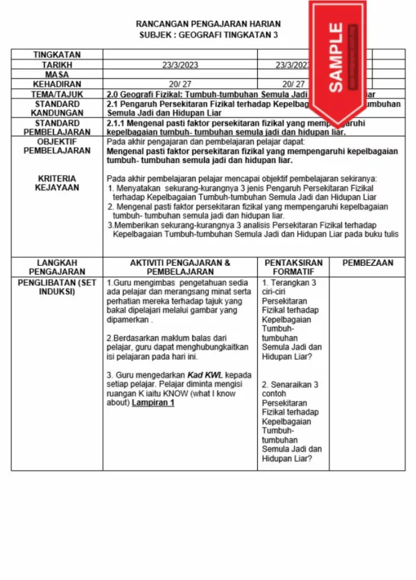 RPH Geografi Tingkatan 3 MRSM